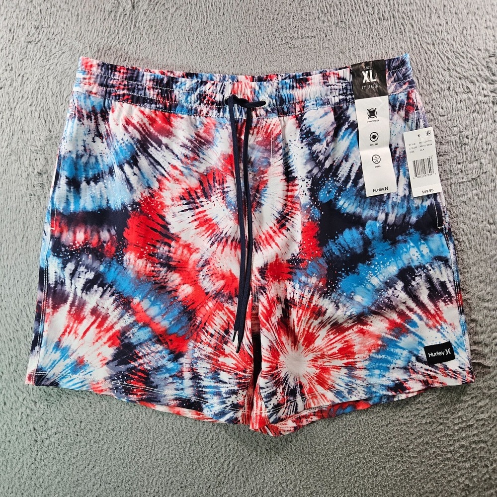 NWT Hurley Board Shorts Swim Trunks Men XL No Liner Tie Dye Print White Blue Red